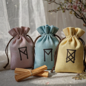 3 pochons en lin, bleu, parme, rose